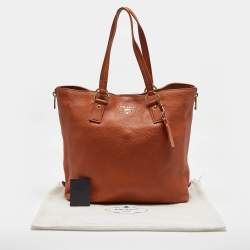Pre Owned Prada Brown Vitello Daino Leather Side Zip Tote