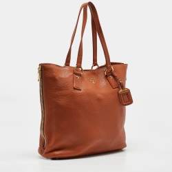 Pre Owned Prada Brown Vitello Daino Leather Side Zip Tote