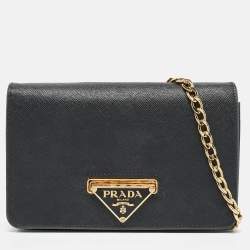 Pre Owned Prada Black Saffiano Leather Wallet on Chain