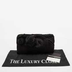 Prada Black Satin Raso Rose Zip Pouch Clutch