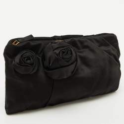 Prada Black Satin Raso Rose Zip Pouch Clutch