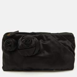 Prada Black Satin Raso Rose Zip Pouch Clutch