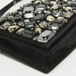 Prada Black Satin Crystals Embellished Flap Clutch Bag
