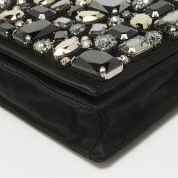 Prada Black Satin Crystals Embellished Flap Clutch Bag