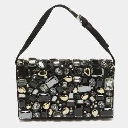 Prada Black Satin Crystals Embellished Flap Clutch Bag