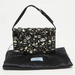 Prada Black Satin Crystals Embellished Flap Clutch Bag
