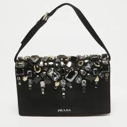 Prada Black Satin Crystals Embellished Flap Clutch Bag