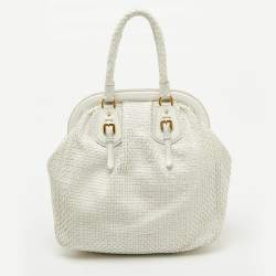 مملوكة مسبقًا Prada White Woven Leather Madras Frame Satchel
