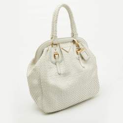 مملوكة مسبقًا Prada White Woven Leather Madras Frame Satchel