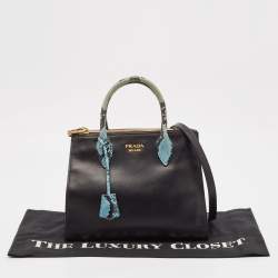 Pre Owned Prada Black/Blue Leather and Python Double Zip Tote