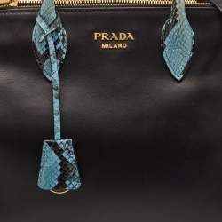 Pre Owned Prada Black/Blue Leather and Python Double Zip Tote