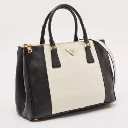 Pre Owned Prada Black/White Saffiano Lux Leather Medium Double Zip Tote