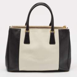 Pre Owned Prada Black/White Saffiano Lux Leather Medium Double Zip Tote
