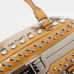 Prada Tan Saffiano Patent Leather Small Studded Pyramid Frame Bag
