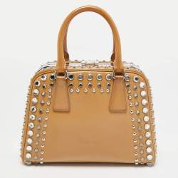 Prada Tan Saffiano Patent Leather Small Studded Pyramid Frame Bag