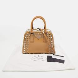 Prada Tan Saffiano Patent Leather Small Studded Pyramid Frame Bag