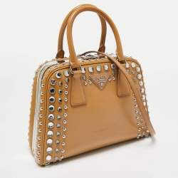 Prada Tan Saffiano Patent Leather Small Studded Pyramid Frame Bag