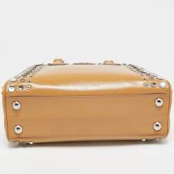 Prada Tan Saffiano Patent Leather Small Studded Pyramid Frame Bag