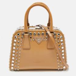 Prada Tan Saffiano Patent Leather Small Studded Pyramid Frame Bag