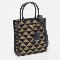 Pre Owned Prada Black/Cream Jacquard Fabric Symbole Embroidered Mini Tote