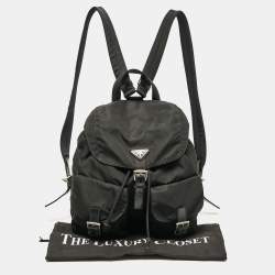 Pre Owned Prada Black Leather and Nylon Double Pocket Backpack