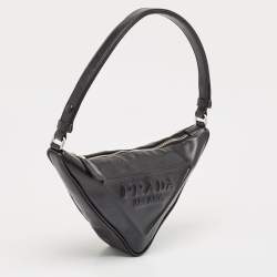 Pre Owned Prada Black Leather Triangle Logo Shoulder Bag