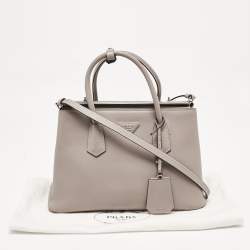 Pre Owned Prada Grey Saffiano Cuir Leather Turnlock Twin Tote