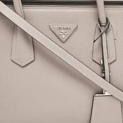 Pre Owned Prada Grey Saffiano Cuir Leather Turnlock Twin Tote