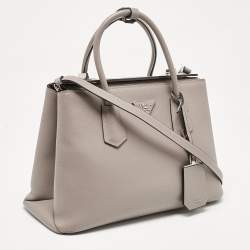 Pre Owned Prada Grey Saffiano Cuir Leather Turnlock Twin Tote