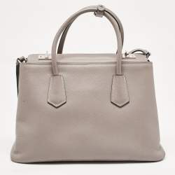 Pre Owned Prada Grey Saffiano Cuir Leather Turnlock Twin Tote