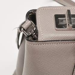 Pre Owned Prada Grey Saffiano Cuir Leather Turnlock Twin Tote
