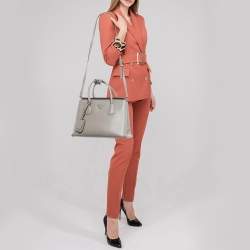 Pre Owned Prada Grey Saffiano Cuir Leather Turnlock Twin Tote