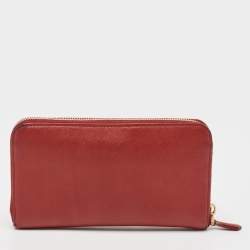 Prada Red Saffiano Leather Zip Around Wallet