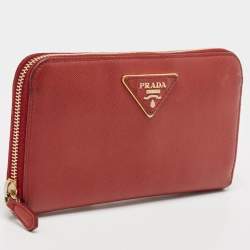 Prada Red Saffiano Leather Zip Around Wallet