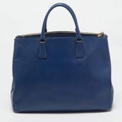 Pre Owned Prada Navy Blue Saffiano Lux Leather Executive Galleria Double Zip Tote