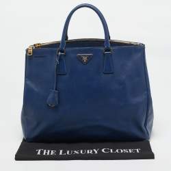Pre Owned Prada Navy Blue Saffiano Lux Leather Executive Galleria Double Zip Tote