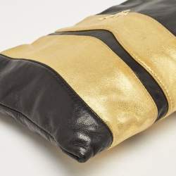 Pre Owned Prada Gold/Black Striped Leather Flat Zip Crossbody Bag