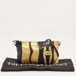 Pre Owned Prada Gold/Black Striped Leather Flat Zip Crossbody Bag