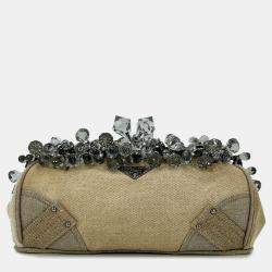 Prada Mistolino Natural Canvas Crystal Beaded Top Pochette