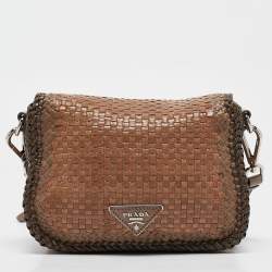 Pre Owned Prada Beige/Brown Woven Madras Leather Flap Crossbody Bag