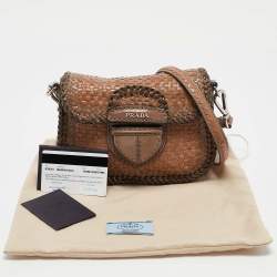 Pre Owned Prada Beige/Brown Woven Madras Leather Flap Crossbody Bag