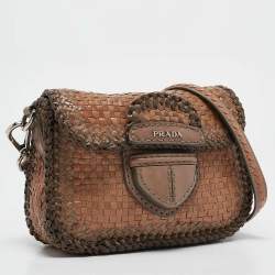 Pre Owned Prada Beige/Brown Woven Madras Leather Flap Crossbody Bag