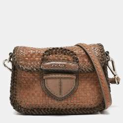Pre Owned Prada Beige/Brown Woven Madras Leather Flap Crossbody Bag