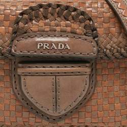 Pre Owned Prada Beige/Brown Woven Madras Leather Flap Crossbody Bag