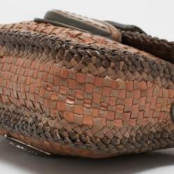 Pre Owned Prada Beige/Brown Woven Madras Leather Flap Crossbody Bag