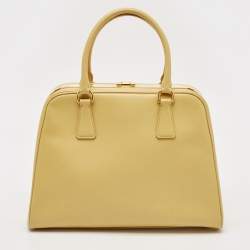 Pre Owned Prada Yellow Saffiano Lux Leather Pyramid Frame Satchel