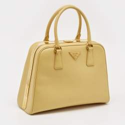 Pre Owned Prada Yellow Saffiano Lux Leather Pyramid Frame Satchel