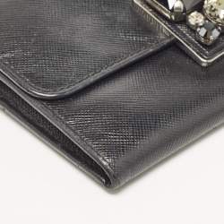 Pre Owned Prada Black Saffiano Leather Crystals Embellished Continental Wallet