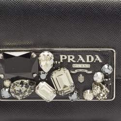 Pre Owned Prada Black Saffiano Leather Crystals Embellished Continental Wallet