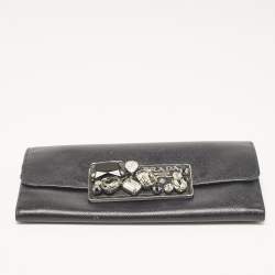 Pre Owned Prada Black Saffiano Leather Crystals Embellished Continental Wallet